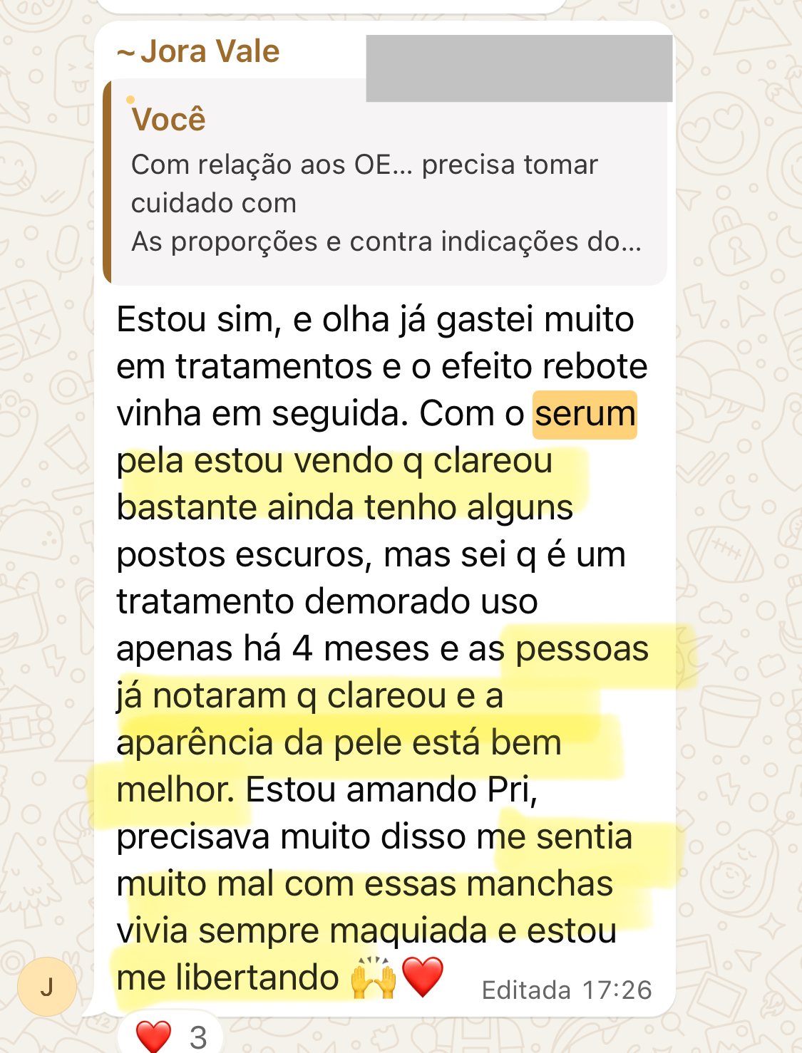 Print de depoimento sobre tratamento natural